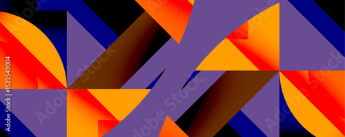 Abstract geometric composition. Vivid orange, purple, navy hues intersect creating dynamic visual texture. Shapes overlap, forming complex patterns.