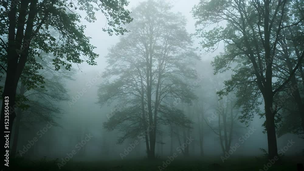 Misty Forest Landscape With Towering Trees In Soft Diffused Light And Atmospheric Haze Misty Forest Landscape With Towering Trees In Soft Diffused Light And Atmospheric Haze