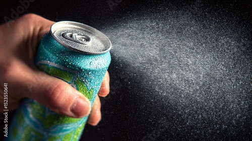 A refreshing soft drink can is opened by a hand, releasing a spray against a dark backdrop.