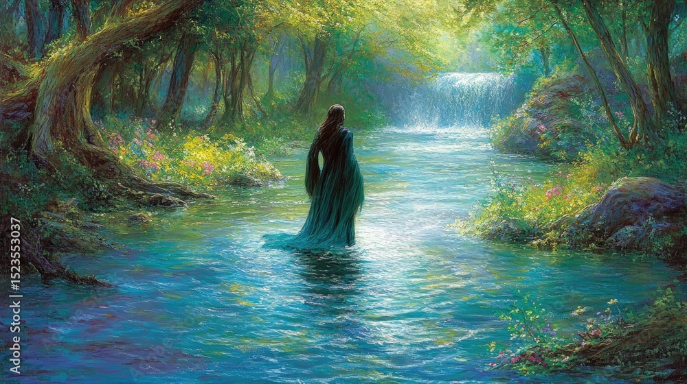 Fototapeta premium view of people in a river decorated with plants and sunlight