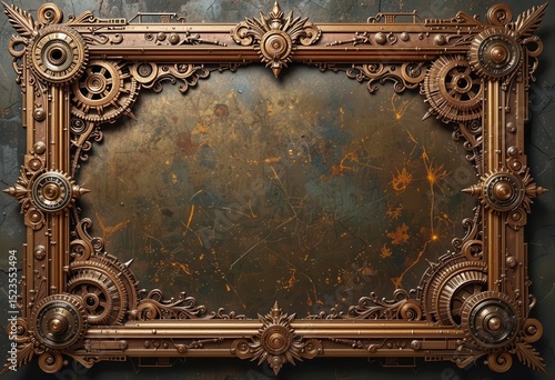 Intricate steampunk frame with gears and ornate details displayed against a textured backdrop