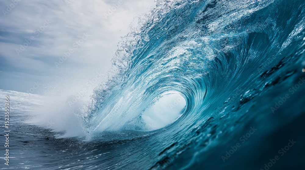 Fototapeta premium Powerful ocean wave curling and crashing with dynamic energy under cloudy sky.