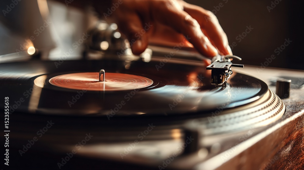 Obraz premium Warm fingers carefully place a spinning vinyl record on a classic turntable player, music nostalgia.