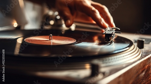 Warm fingers carefully place a spinning vinyl record on a classic turntable player, music nostalgia.