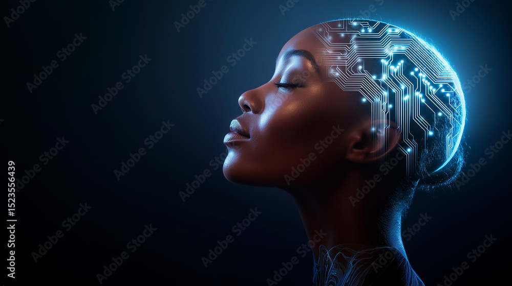Profile of a woman with digital neural connections glowing across her head, symbolizing artificial intelligence and human-technology fusion.
Profile of a woman with digital neural connections glowing across her head, symbolizing artificial intelligence and human-technology fusion.