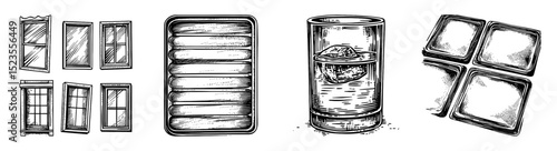 Variety of Hand-Drawn Windows and Kitchen Items with Different Designs