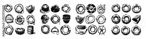 Vintage Life Preservers and Buoys Hand Drawn Set for Nautical Design