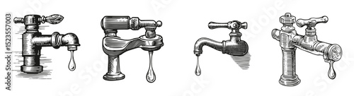 Vintage Hand-Drawn Illustrations of Water Faucets and Taps, Logo Design, Hand drawing Engraving, Vector Illustration Isolated Object