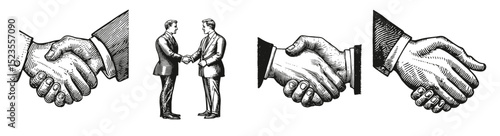 Vintage Handshake Illustrations Depicting Business Agreements and Trust, Logo Design, Hand drawing Engraving, Vector Illustration Isolated Object