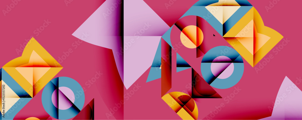 Abstract geometric composition. Overlapping shapes create dynamic visual interest. Pink background emphasizes vibrant yellow, blue, lavender elements. Modern design. Abstract geometric composition. Overlapping shapes create dynamic visual interest. Pink background emphasizes vibrant yellow, blue, lavender elements. Modern design.