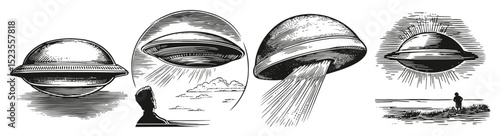 Vintage-style illustrations of flying saucers and alien spacecraft, Logo Design, Hand drawing Engraving, Vector Illustration Isolated Object