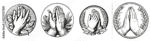 Four Unique Illustrations of Praying Hands with Artistic Details, Logo Design, Hand drawing Engraving, Vector Illustration Isolated Object