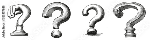 Four Unique Question Mark Illustrations in Vintage Style Design, Logo Design, Hand drawing Engraving, Vector Illustration Isolated Object