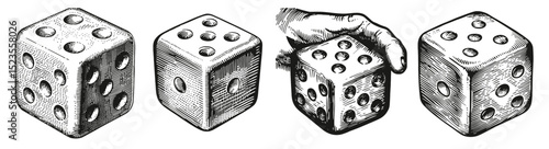 Vintage Illustration of Dice with Hand Manipulating Movement, Logo Design, Hand drawing Engraving, Vector Illustration Isolated Object