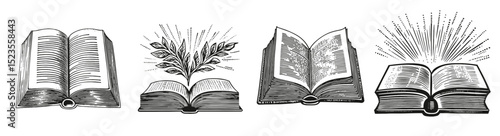 Vintage Book Illustrations with Decorative Elements and Designs, Logo Design, Hand drawing Engraving, Vector Illustration Isolated Object