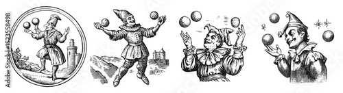 Juggler Performing with Balls in Vintage Illustrative Style, Logo Design, Hand drawing Engraving, Vector Illustration Isolated Object