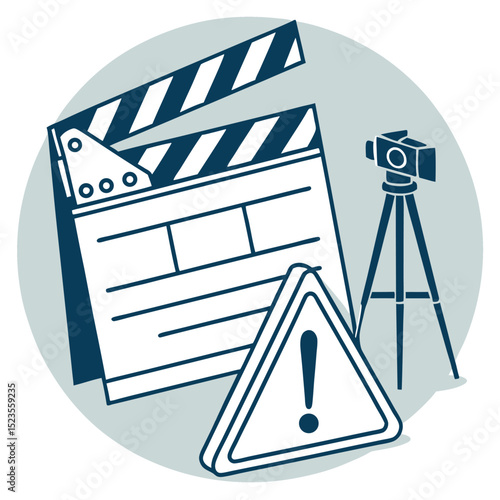 Filmmaking equipment icons clapperboard camera warning sign