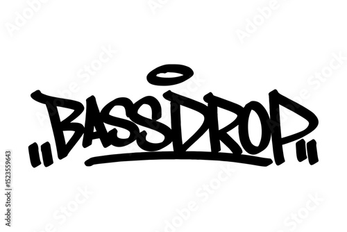 Graffiti tag text "Bassdrop" in bold black urban style with vibrant street vibes. Hand-drawn lettering with raw spray paint texture. Perfect for posters, merch, events, and edgy festival designs.
