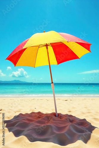 Wallpaper Mural Vibrant beach umbrella providing shade on a sunny day, casting a shadow on the golden sand Perfect for summer vacation or travel imagery , shore, seaside, turquoise Torontodigital.ca