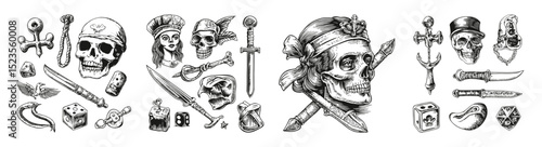 Vintage Pirate Skull Illustrations with Swords and Symbols Art, vector illustration, engraving design, logo design set, black and white line, template design element
