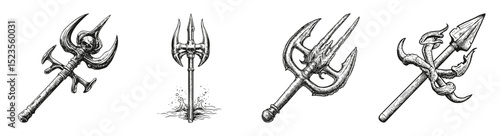 Detailed Illustrations of Various Types of Ancient Weaponry Designs, vector illustration, engraving design, logo design set, black and white line, template design element