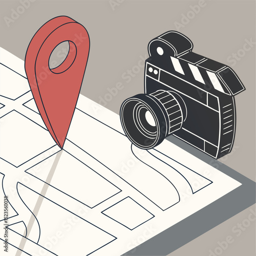 Isometric city map with camera and location pointer travel navigation and filmmaking