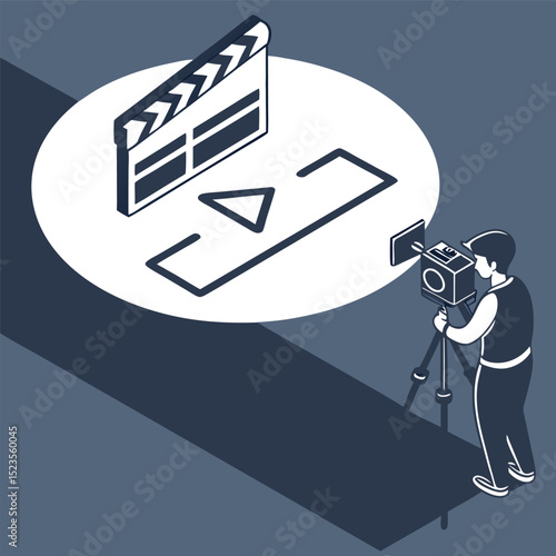 Isometric filmmaking person filming movie scene with clapperboard and camera
