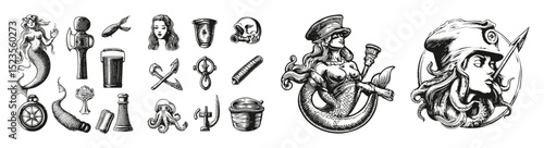 Vintage Mermaid and Sailor Icon Designs for Nautical Themes, vector illustration, engraving design, logo design set, black and white line, template design element