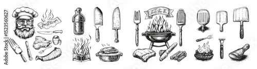 Vintage Cooking Illustrations for Grill and Meat Preparation, vector illustration, engraving design, logo design set, black and white line, template design element