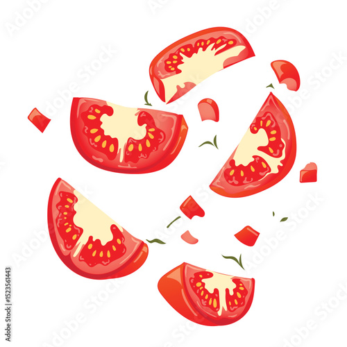 Vector illustration of juicy tomato wedges and tiny chopped parts floating on a white background. Perfect for healthy food design, salad recipes, kitchen visuals, and nutrition-themed layouts.