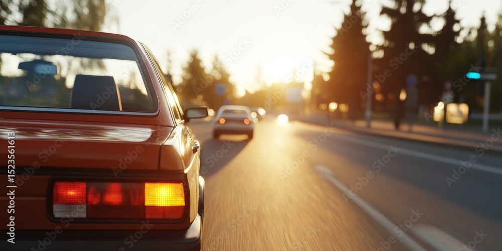 Fototapeta premium Car travel on asphalt road in sunset light motion automotive transportation