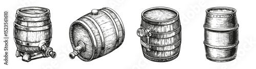 Vintage Illustrations of Beer Barrels and Metal Containers, vector illustration, engraving design, logo design set, black and white line, template design element