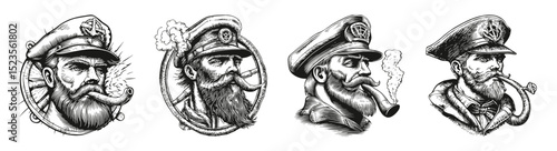 Vintage Nautical Tattoo Art Featuring Salty Sailors with Pipes, vector illustration, engraving design, logo design set, black and white line, template design element