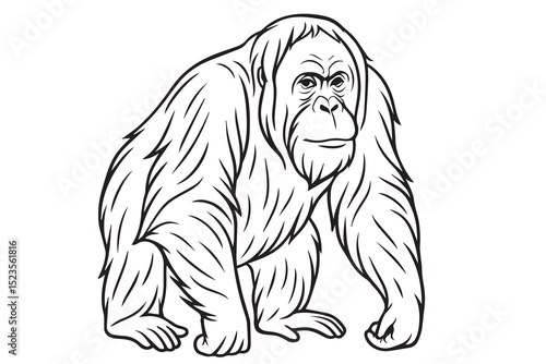 A black and white vector illustration of an orangutan, outlined in bold black lines, showing its long arms, expressive face, and thick fur.


