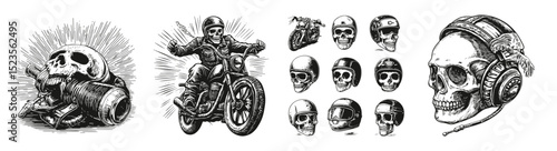 Vintage Motorcycle Art Featuring Skulls, Helmets, and Biker Culture, vector illustration, engraving design, logo design set, black and white line, template design element