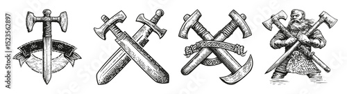 Detailed Celtic Warrior Axe and Sword Illustrations for Design Projects, vector illustration, engraving design, logo design set, black and white line, template design element