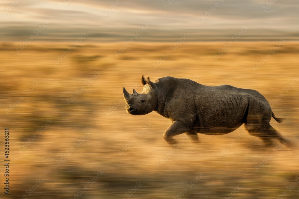 Fototapeta premium Rhinoceros Running in Golden Grassland