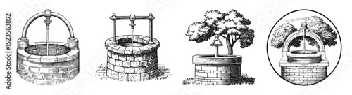 Vintage Illustrations of Various Water Wells in Black and White, vector illustration, engraving design, logo design set, black and white line