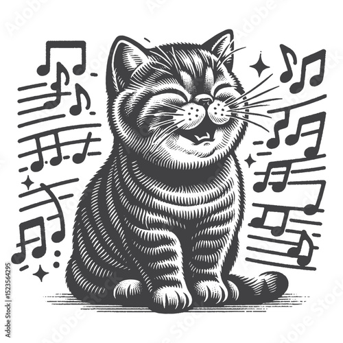 Vintage Hand-Drawn Exotic Shorthair Singing Illustration – Musical Cat Engraved Style Vector for T-Shirts, Posters, Stickers, and Performance Feline Theme Apparel