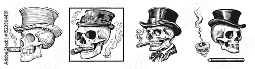 Vintage Skull Illustrations with Hats and Cigars in Black and White, vector illustration, engraving design, logo design set, black and white line