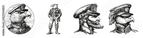 Detailed Illustrations of Military Eagle Characters in Various Poses, vector illustration, engraving design, logo design set, black and white line