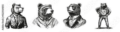 Vintage Bear Illustrations in Formal Attire, Detailed Graphics, vector illustration, engraving design, logo design set, black and white line