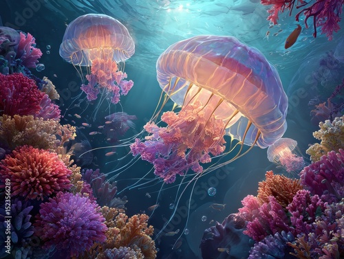 Beautiful underwater scene with glowing jellyfish swimming among colorful coral reefs in vibrant ocean environment