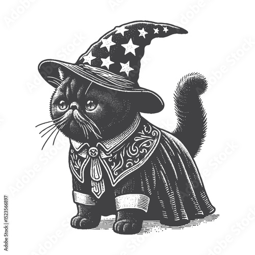 Vintage Hand-Drawn Exotic Shorthair Dressed Like A Wizard Illustration – Magical Cat Engraved Style Vector for T-Shirts, Posters, Stickers, and Fantasy Theme Apparel