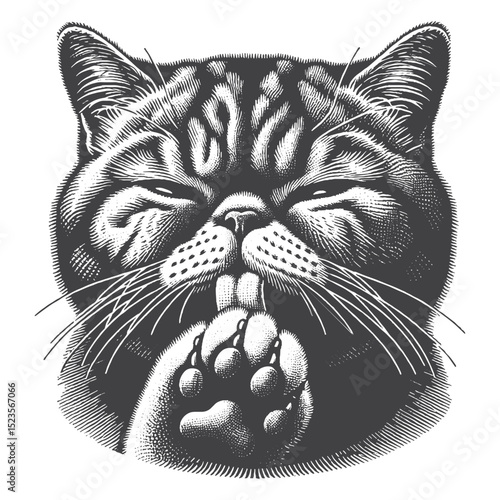 Vintage Hand-Drawn Exotic Shorthair Licking Paw Illustration – Cute Cat Engraved Style Vector for T-Shirts, Posters, Stickers, and Playful Feline Theme Apparel