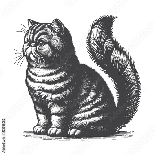 Vintage Hand-Drawn Exotic Shorthair Sitting Illustration – Relaxed Cat Engraved Style Vector for T-Shirts, Posters, Stickers, and Calm Feline Theme Apparel