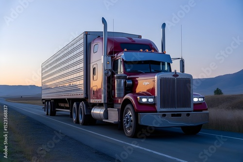 Red semi-truck driving on highway at sunset with chrome trailer