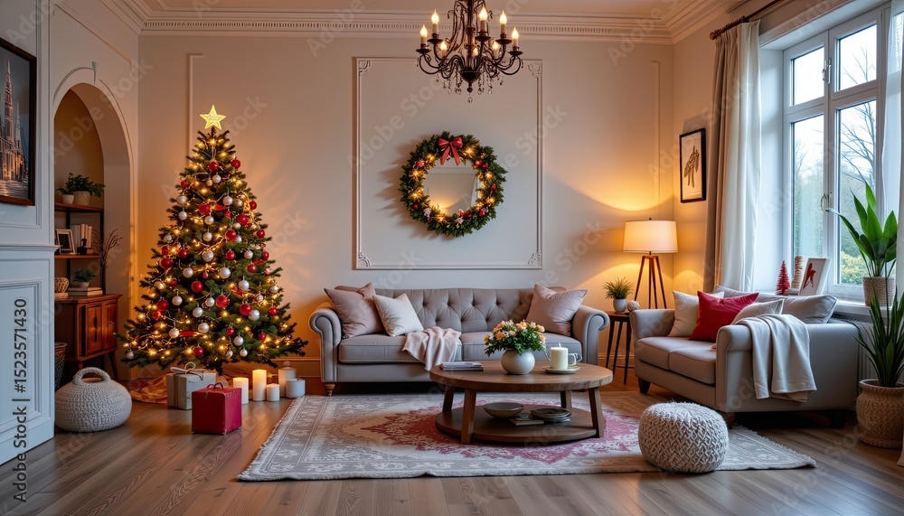 Fototapeta premium beautifully decorated living room for christmas 2025 with warm tones and romantic charm, empty scene, 4k video resolution.