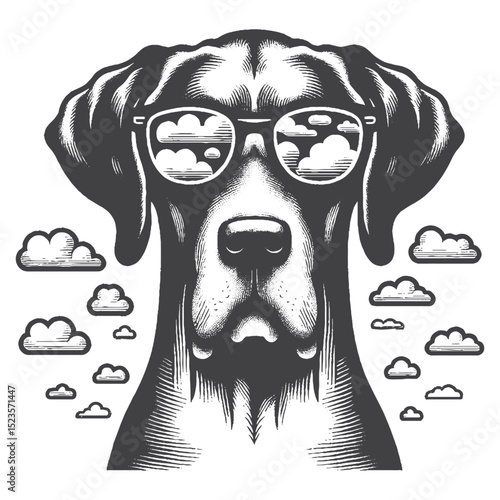 Vintage Hand-Drawn Great Dane With Cloud Sunglasses Illustration – Cool Dog Engraved Style Vector for T-Shirts, Posters, Stickers, and Sky Vibe Theme Apparel