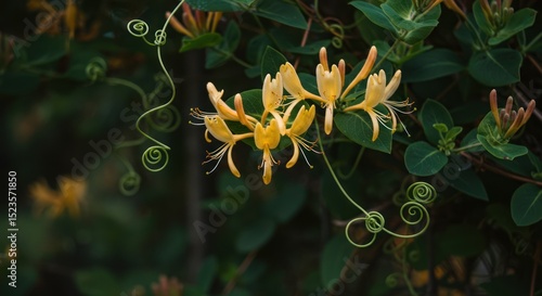 Delicate honeysuckle blooms gracefully amidst lush foliage in natural light